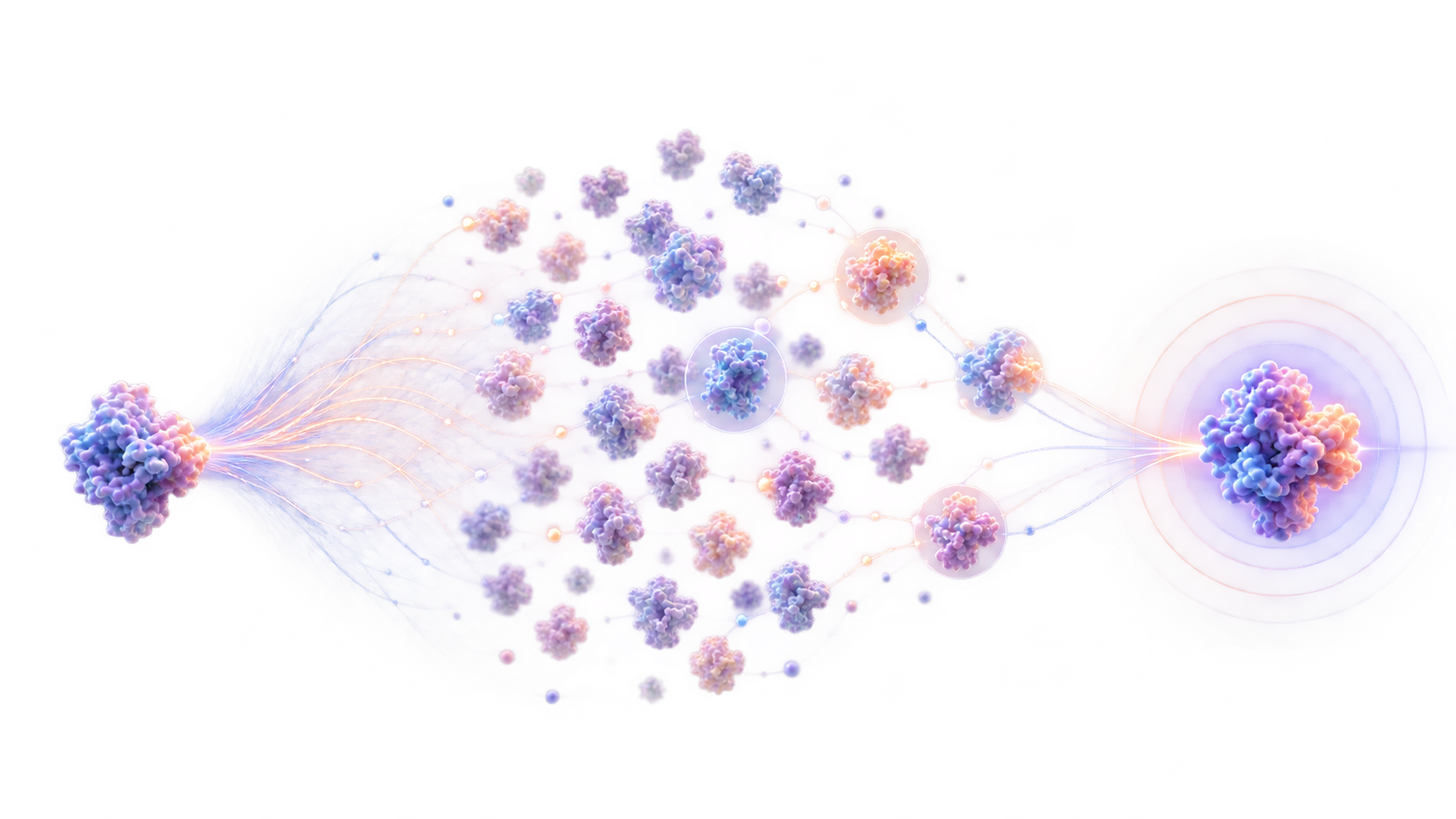 Protein structures connected by a network of molecular interactions — AI-driven protein design and optimization.